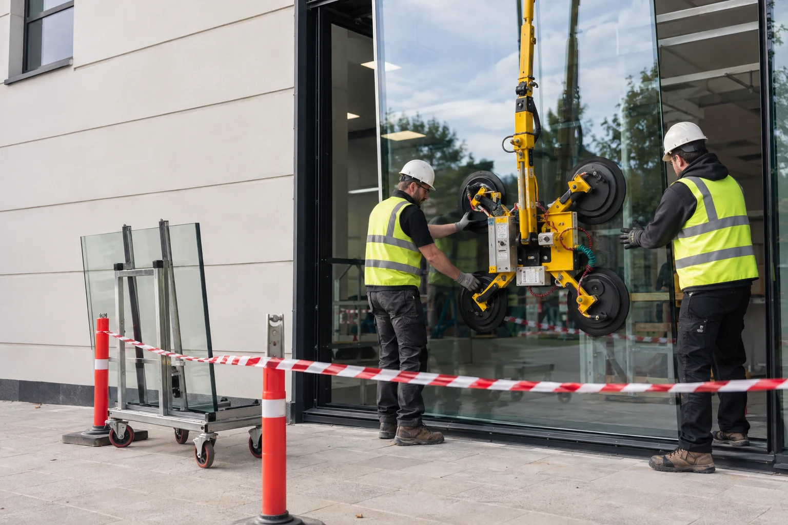 Commercial glazing installed with safe suction equipment